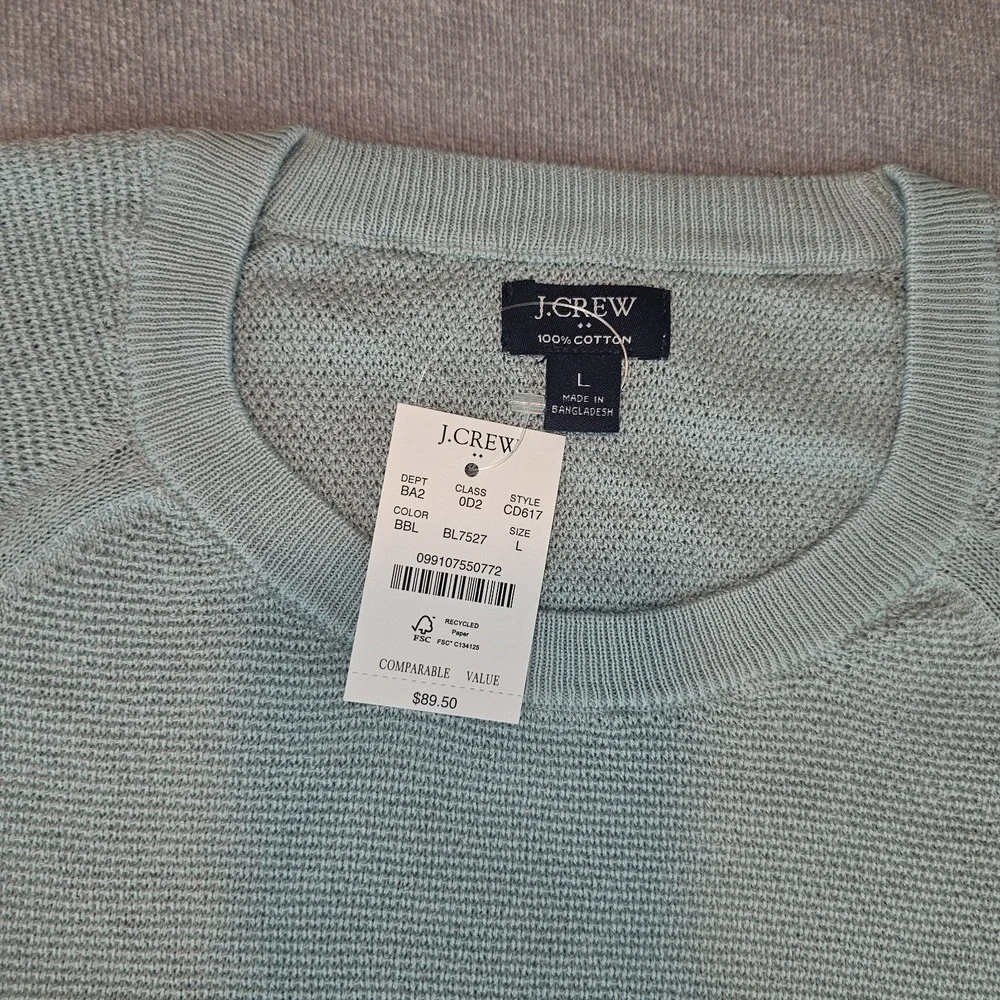J.Crew Crewneck Sweater Men's Large Green 100% Cotton Textured Raglan L CD617